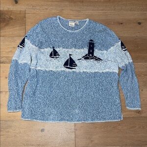CJ banks Blue Nautical sail boat Crewneck Sweater light house hand embroidered